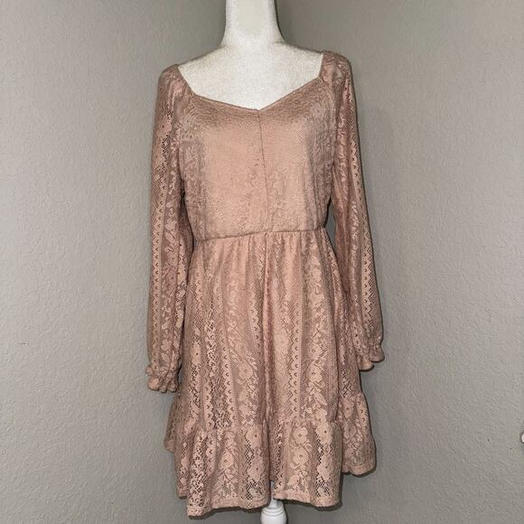 LC Lauren Conrad Mini Dress Womens Large Pink Lace Overlay Smocked Tiered hem - Picture 1 of 9